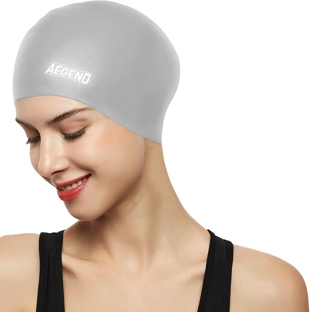Aegend Swim Caps for Long Hair, Durable Silicone Swimming Caps for Women Men Adults Youths, Easy to Put On and Off, Waterproof Swim Hats Bathing Caps to Keep Hair Dry, 1 Pack, Grey