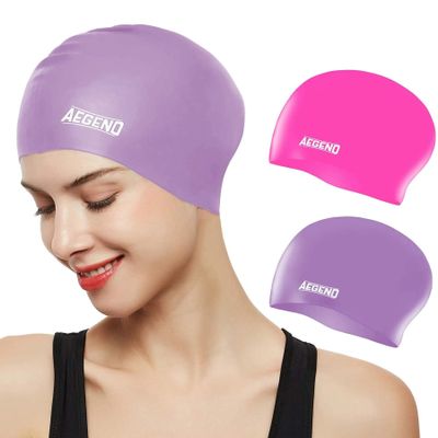 Aegend Swim Caps for Long Hair, Durable Silicone Swimming Caps for Women Men Adults Youths, Easy to Put On and Off, Waterproof Swim Hats Bathing Caps to Keep Hair Dry, 2 Pack, Purple Pink
