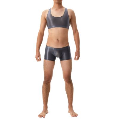 LiiYii Men's Muscle Undershirt Nylon Sheer Crop Vest Top Sheer Ice Silky Tops with Low Rise Boxer Shorts Grey Medium
