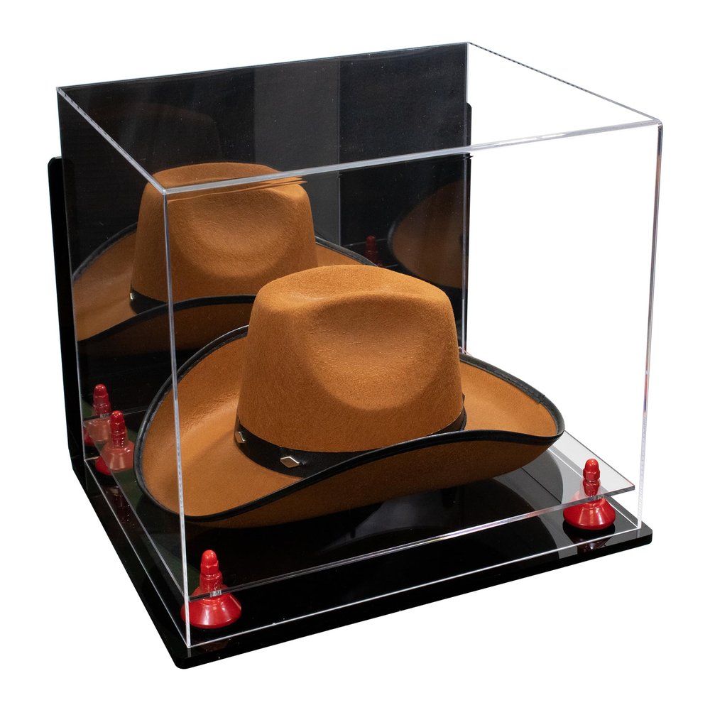 Better Display Cases Acrylic Cowboy Hat Display Case with Mirror Case, Red Risers and Clear Base and Wallmount - 16" x 13" x 12" (A024-B/V61B)