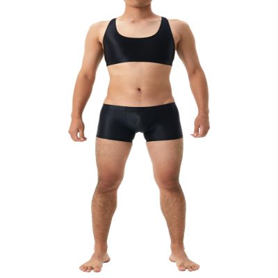QinCiao Men's Mesh See-Through Crop Top Muscle Half Tops Racerback Tee Shirt with Boxer Shorts Black Medium