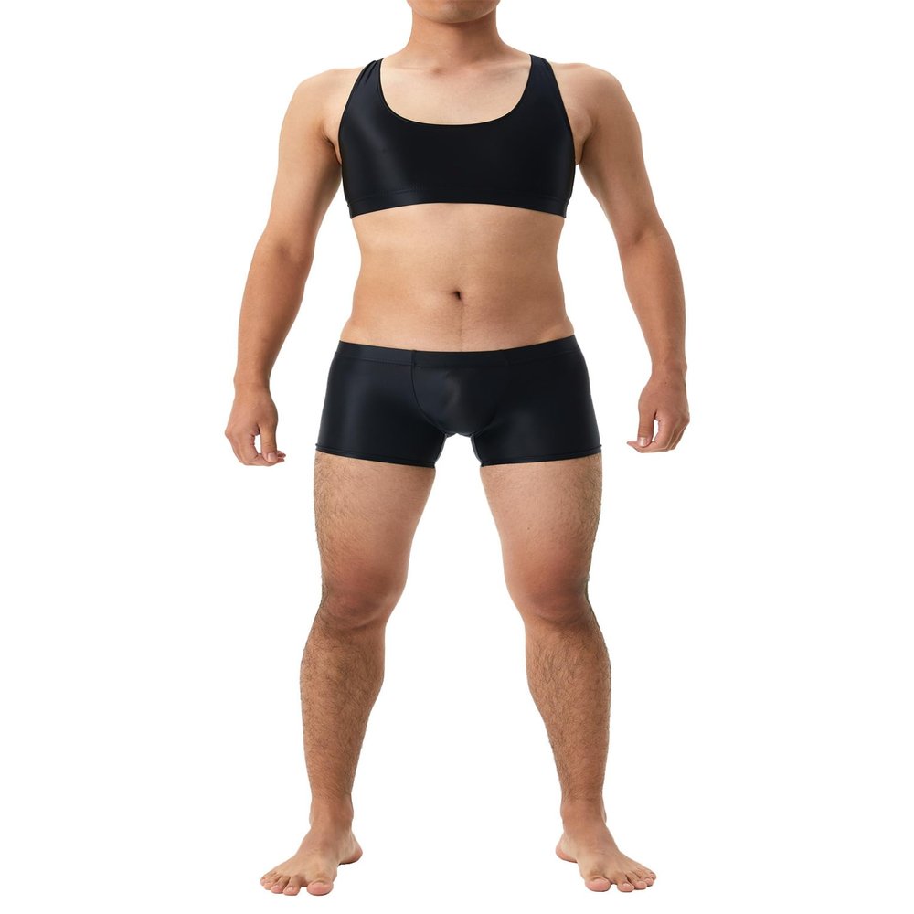 QinCiao Men's Mesh See-Through Crop Top Muscle Half Tops Racerback Tee Shirt with Boxer Shorts Black Medium