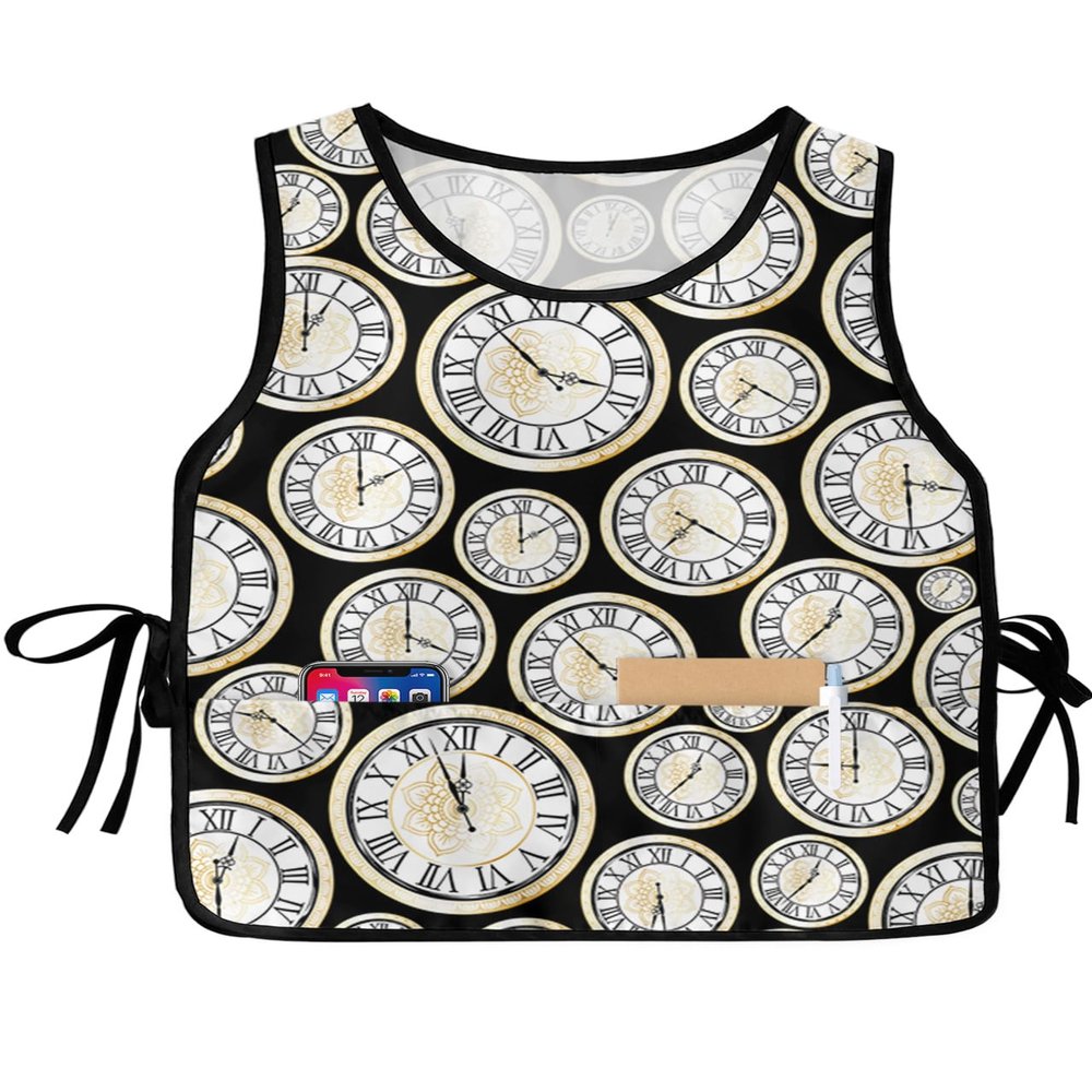Gold Floral Cobbler Aprons with 2 Pockets for Women Men, Fashionable Printed Unisex Bib Waterproof Cleaning Smock Vest for Chef Kitchen Black White Clock Minimalist Geometric 2 Packs, 20''x 31.5''