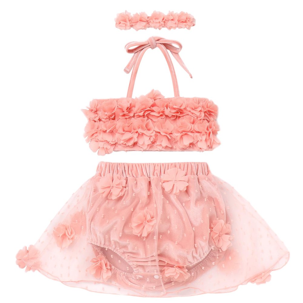 Newborn Baby Girl Swimsuit: Bikini Bathing Suits Flower Velvet Halter Summer Beach Hawaii Holiday Casual Solid Color Photo Shoot Outfit Tankini Set Princess Swimwear Pink 18-24 Months