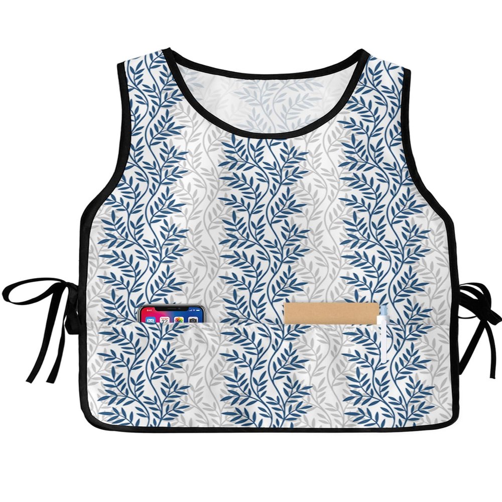 Geometric Leaves Cobbler Aprons with 2 Pockets for Women Men, Fashionable Printed Unisex Bib Waterproof Cleaning Smock Vest for Chef Kitchen Fall Winter Tree Leaf Navy Grey 1 Pack, 20''x 27.5''
