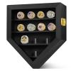 Championship Ring Display Case 12 Ring Posts, Sports Ring Wooden Shadow Box with HD Grass Door 98% UV Protection, Wall Mount Rings Holder for Baseball Basketball Award Rings Champion Souvenirs
