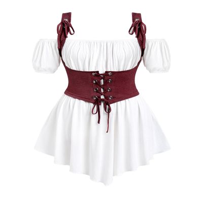 Rosegal Women Plus Size Gothic Off The Shoulder Top Set Lacee-up Medieval Renaissance Underbust Corset Renaissance Costume Tunic (White 4/1X)