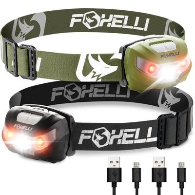 Foxelli Rechargeable Headlamp Bundle of 2  Khaki & Black: Super Bright LED Head Lamps, Lightweight & Comfortable for Running, Camping, Hiking & Work