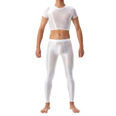 LiiYii Men's 2Pcs Body Suits Muscle Crop Tops Ice Silky Tops with Long Pantyhose Pants Nightwear White Medium