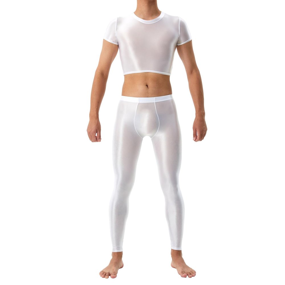 LiiYii Men's 2Pcs Body Suits Muscle Crop Tops Ice Silky Tops with Long Pantyhose Pants Nightwear White Medium