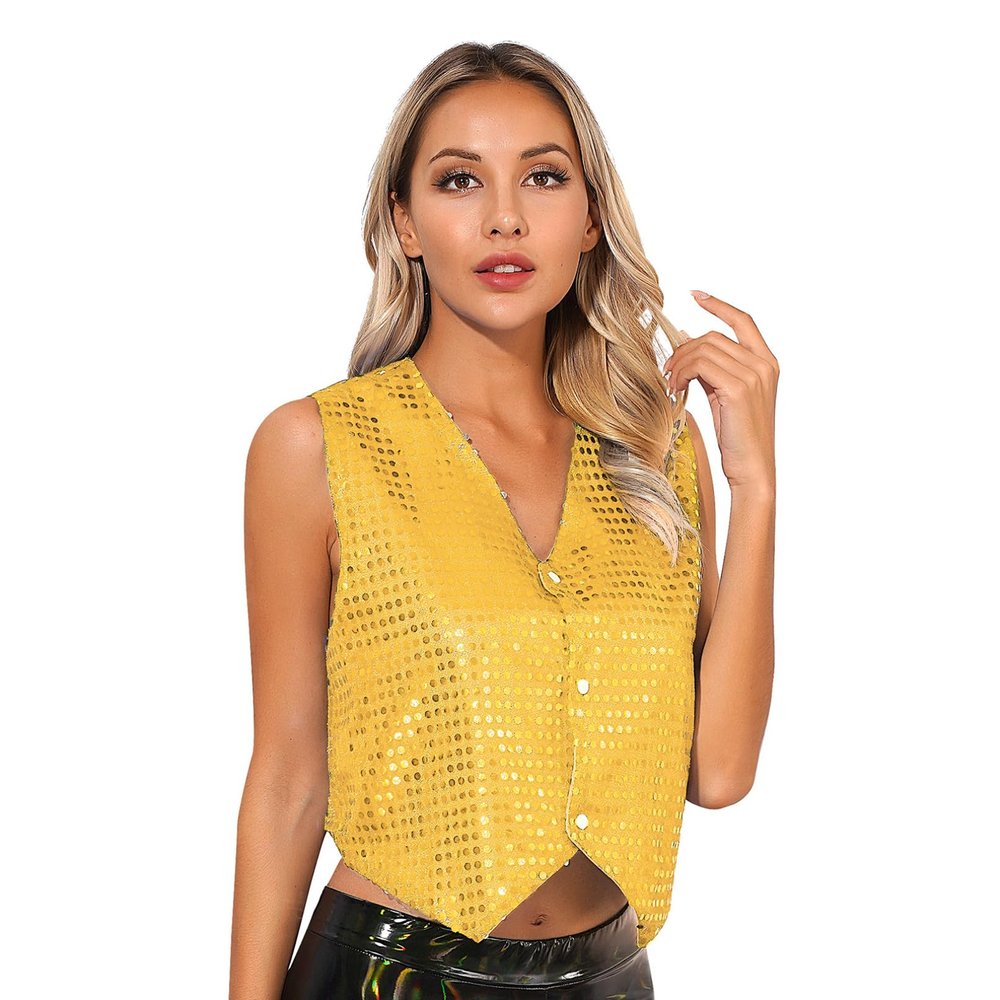YiZYiF Womens Retro 1920s Sequin Vest Waistcoat Disco Dancing Top Button Up Single Breasted Vest Gold Small