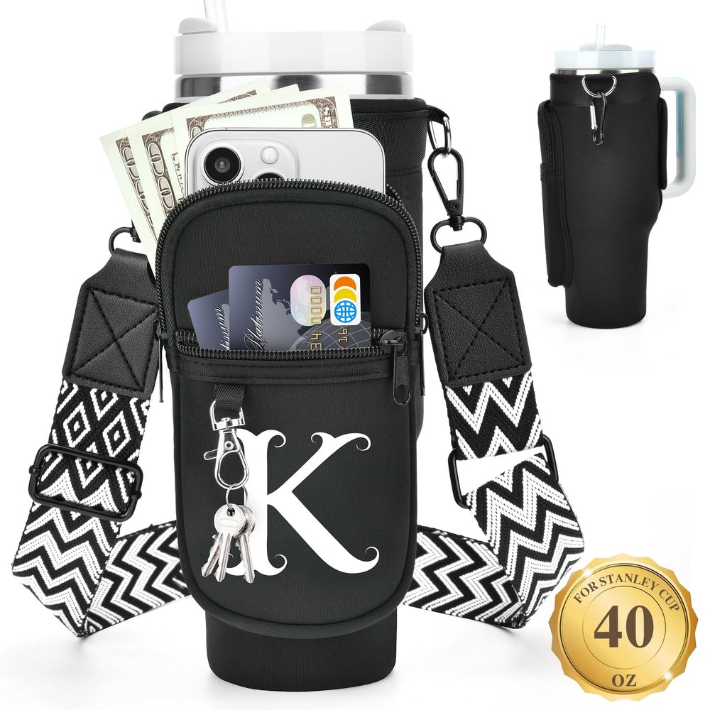 LOKASS Personalized Water Bottle Holder with Strap for Stanley Cup Accessories 40 oz Tumbler, Initial Water Bottle Carrier Bag W/Phone Pocket, for Women,Ideal for Thanksgiving/Christmas/New Year
