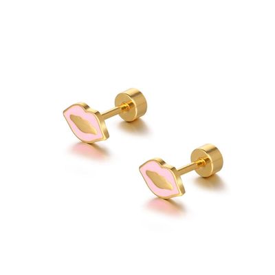 18g Titanium Lip Kiss Stud Earrings for Women Gold-Tone Surgical Stainless Steel Hypoallergenic Cute Tiny Studs Cartilage Tragus Screw Back Post Conch Piercing Sensitive Ear Jewelry (Pink)