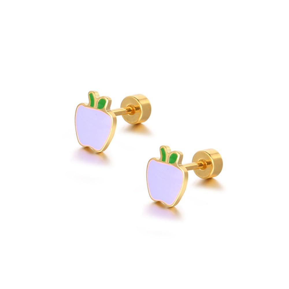 18g Titanium Apple Fruit Earrings for Women Girls 14k Gold Plated Surgical Stainless Steel Hypoallergenic Tiny Studs Cartilage Tragus Screw Back Piercing Sensitive Ear Homecoming Jewelry (Purple)