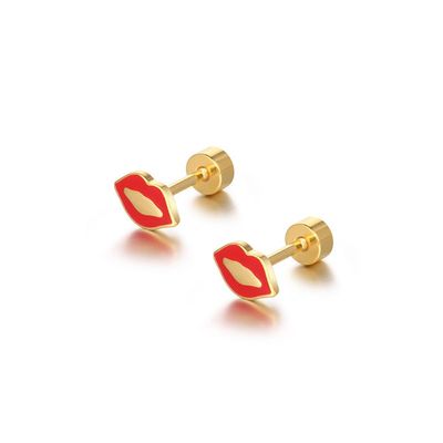 18g Titanium Lip Kiss Stud Earrings for Women Gold Tone Surgical Stainless Steel Hypoallergenic Cute Tiny Studs Cartilage Tragus Screw Back Post Conch Piercing Sensitive Ear Jewelry (Red)
