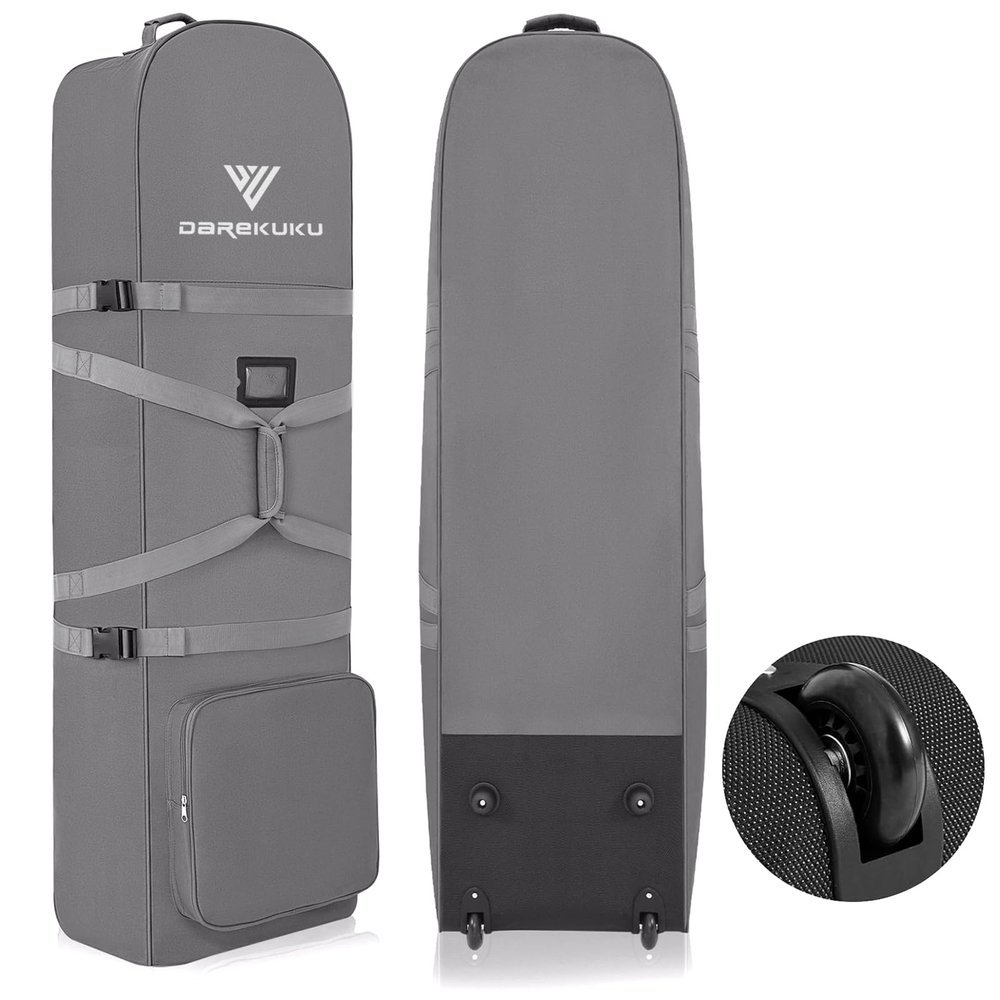 DAREKUKU Soft Sided Golf Travel Bag for Airlines with Wheels, Foldable Golf Club Travel Cover with Support Rod for Extra Protection, 900D Heavy Duty Oxford Wear-Resistant, Handle Style (Grey)