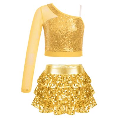 FEESHOW Kids Girls 2 Piece Shiny Tank Top with Mini Skirts Outfits for Hip Hop Performance Costume Dress Up Gold 12 Years