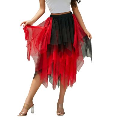 Women's Asymmetrical Tulle Midi Skirt Patchwork Color Mesh Elastic High Waist Layered A-Line Tutu Club Party Skirt (Irregular Red, M)