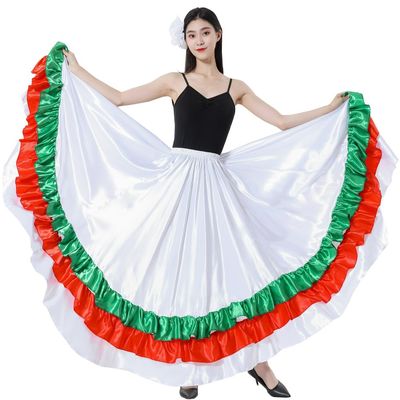 Adult Ruffles Black Red Green Maxi Long Dance Skirt Folklorico Skirt for Mexican Flamenco Halloween Costume (White Skirt-Green/red Ruffles)