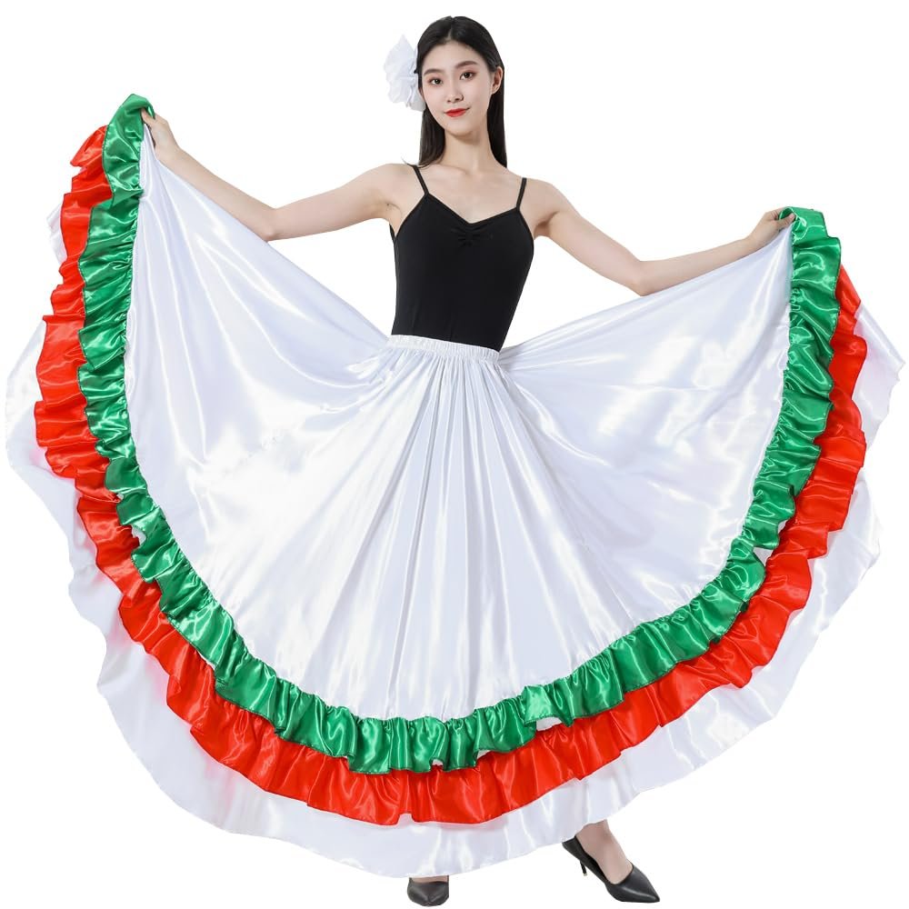 Adult Ruffles Black Red Green Maxi Long Dance Skirt Folklorico Skirt for Mexican Flamenco Halloween Costume (White Skirt-Green/red Ruffles)
