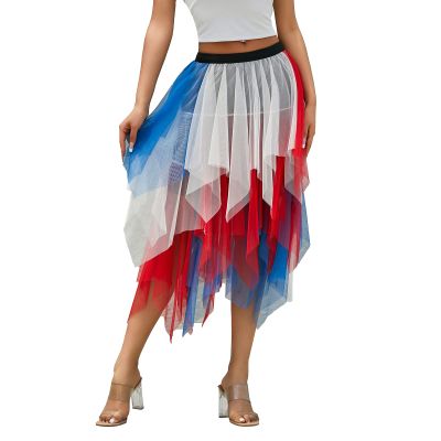 Women's Asymmetrical Tulle Midi Skirt Patchwork Color Mesh Elastic High Waist Layered A-Line Tutu Club Party Skirt (Irregular Red Blue, L)