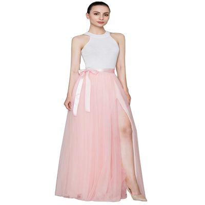 EllieHouse Split Long Floor Length Tulle Skirt for Prom Party Evening Blush Pink L