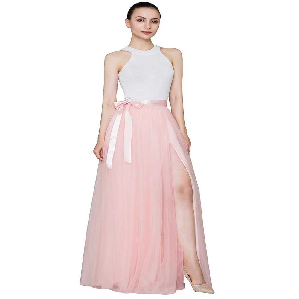 EllieHouse Split Long Floor Length Tulle Skirt for Prom Party Evening Blush Pink L