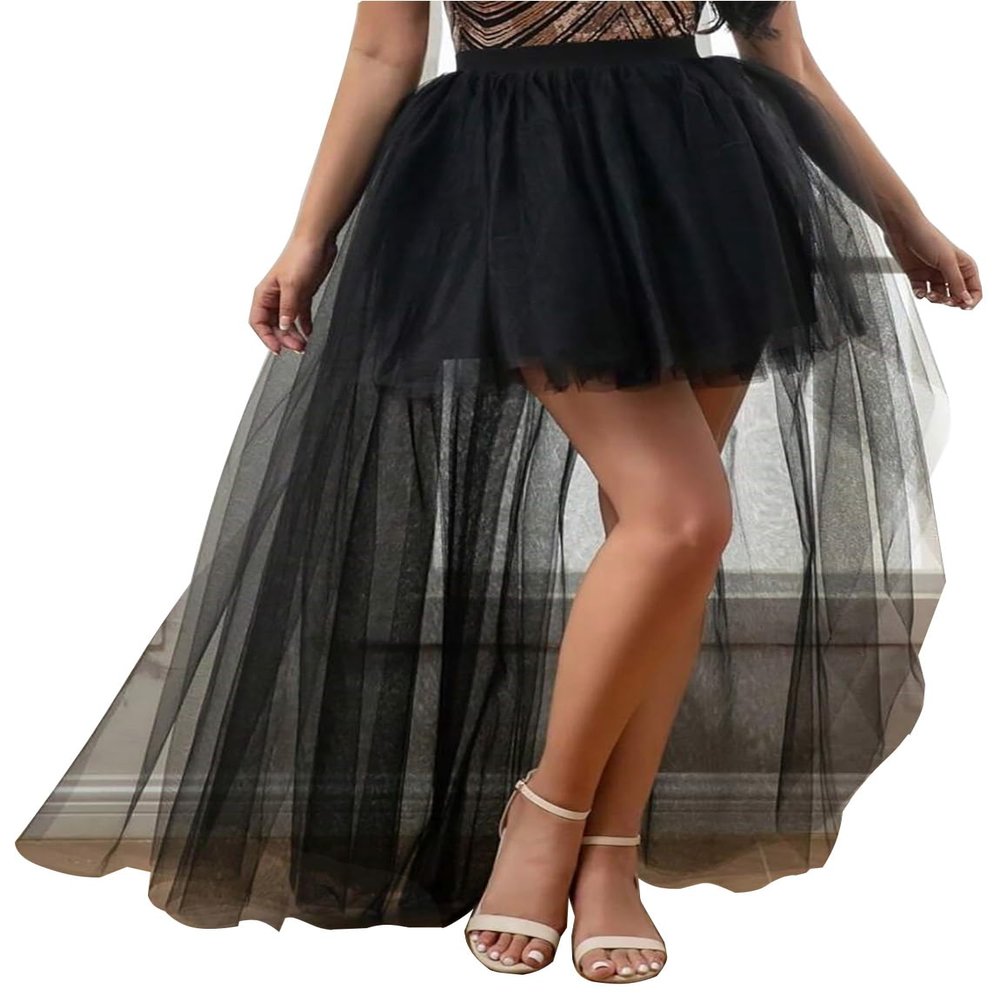 AiberLisha Womens High Low Tulle Tutu Skirt for Prom Party Black L