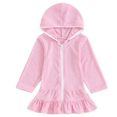 Mubineo Toddler Girl Long Sleeve Swimsuit Beach Dress Cute Cover Ups Ruffle Bathing Suit Cover Up Kimono Kids Swimwear (Pink, 7-8 Years)
