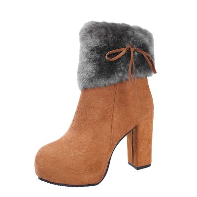 Dheva-C Women's Chunky Heel Round Toe Lined Toe Snow Boots, Winter Comfortable Slip On Mid Suede Warm Snow Ankle Boots Outdoor High Heel Pull On Boots Fashion Winter Boots (Brown, 7)