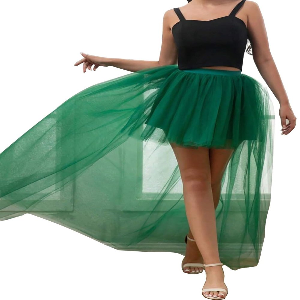 AiberLisha Womens High Low Tulle Tutu Skirt for Prom Party Dark Green L