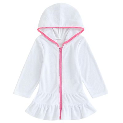 Mubineo Toddler Girl Long Sleeve Swimsuit Beach Dress Cute Cover Ups Ruffle Bathing Suit Cover Up Kimono Kids Swimwear (White, 4-5 Years)