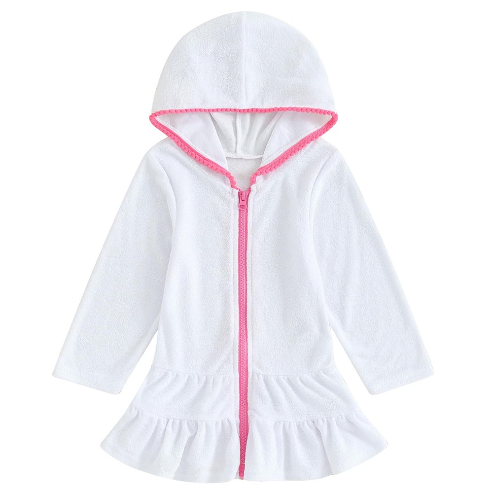 Mubineo Toddler Girl Long Sleeve Swimsuit Beach Dress Cute Cover Ups Ruffle Bathing Suit Cover Up Kimono Kids Swimwear (White, 4-5 Years)