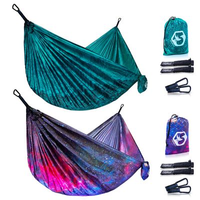 Foxelli Camping Hammock Bundle of 2  Lightweight Parachute Nylon Portable Hammocks with Tree Ropes and Carabiners