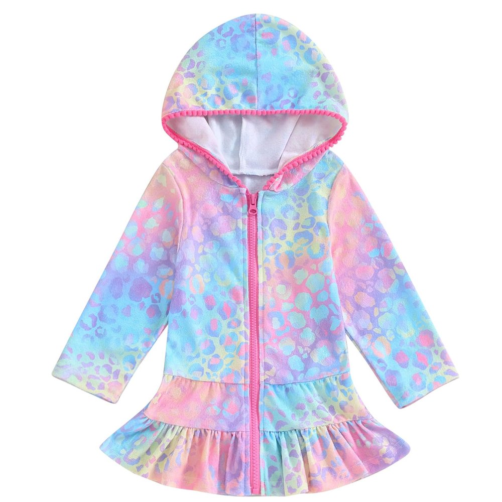 Mubineo Toddler Girl Long Sleeve Swimsuit Beach Dress Cute Cover Ups Ruffle Bathing Suit Cover Up Kimono Kids Swimwear (Rainbow Mermaid, 7-8 Years)