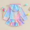Mubineo Toddler Girl Long Sleeve Swimsuit Beach Dress Cute Cover Ups Ruffle Bathing Suit Cover Up Kimono Kids Swimwear (Rainbow Mermaid, 7-8 Years) view 3