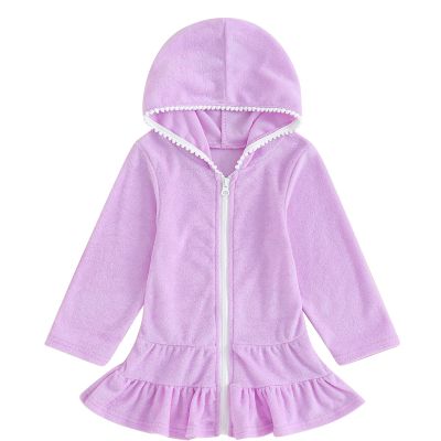 Mubineo Toddler Girl Long Sleeve Swimsuit Beach Dress Cute Cover Ups Ruffle Bathing Suit Cover Up Kimono Kids Swimwear (Purple, 3-4 Years)