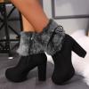 Dheva-C Women's Chunky Heel Round Toe Lined Toe Snow Boots, Winter Comfortable Slip On Mid Suede Warm Snow Ankle Boots Outdoor High Heel Pull On Boots Fashion Winter Boots (Black, 9) view 2