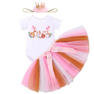 ABEWIP Baby Girl Birthday Cake Smash Outfit Toddler Girl My 1st Birthday Romper Tutu Skirt+Headband Clothes Set Wood One 1Y