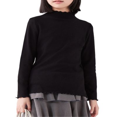 ACESTAR Girls Solid Lettuce Trim Mock Neck Shirt Long Sleeve Slim Fit Ribbed Knit Tee Ruffle Tops Soft Base LayerBlack,120/4-5T