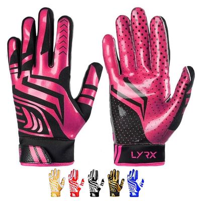 LYRX Professional Football Receiver Gloves with Optimal Silicone Palm Non-Slip Grip Control Ultra-Stick Sports Lightweight Glove and Precision Fit (Black-Pink Shine, Adult Large)