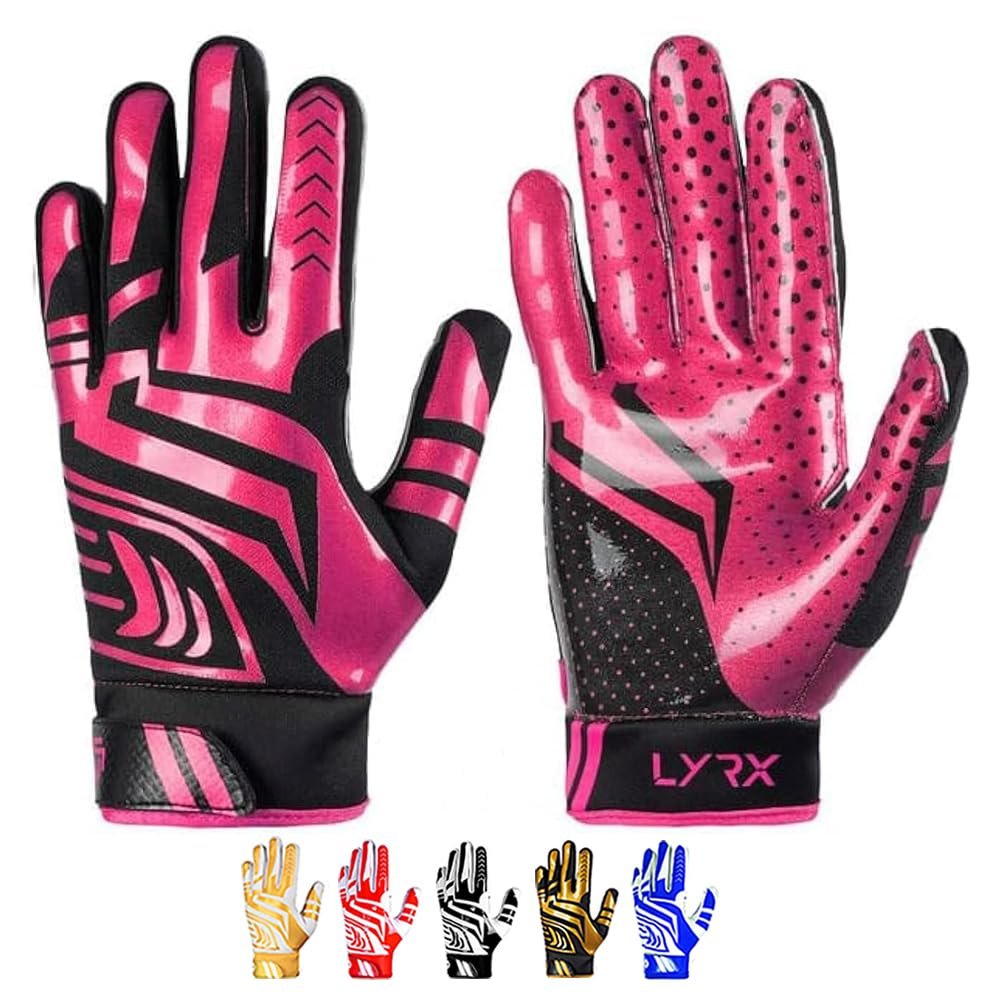 LYRX Professional Football Receiver Gloves with Optimal Silicone Palm Non-Slip Grip Control Ultra-Stick Sports Lightweight Glove and Precision Fit (Black-Pink Shine, Adult Large)