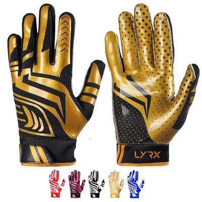 LYRX Professional Football Receiver Gloves with Optimal Silicone Palm Non-Slip Grip Control Ultra-Stick Sports Lightweight Glove and Precision Fit (Black-Gold Shine, Youth X-Small)