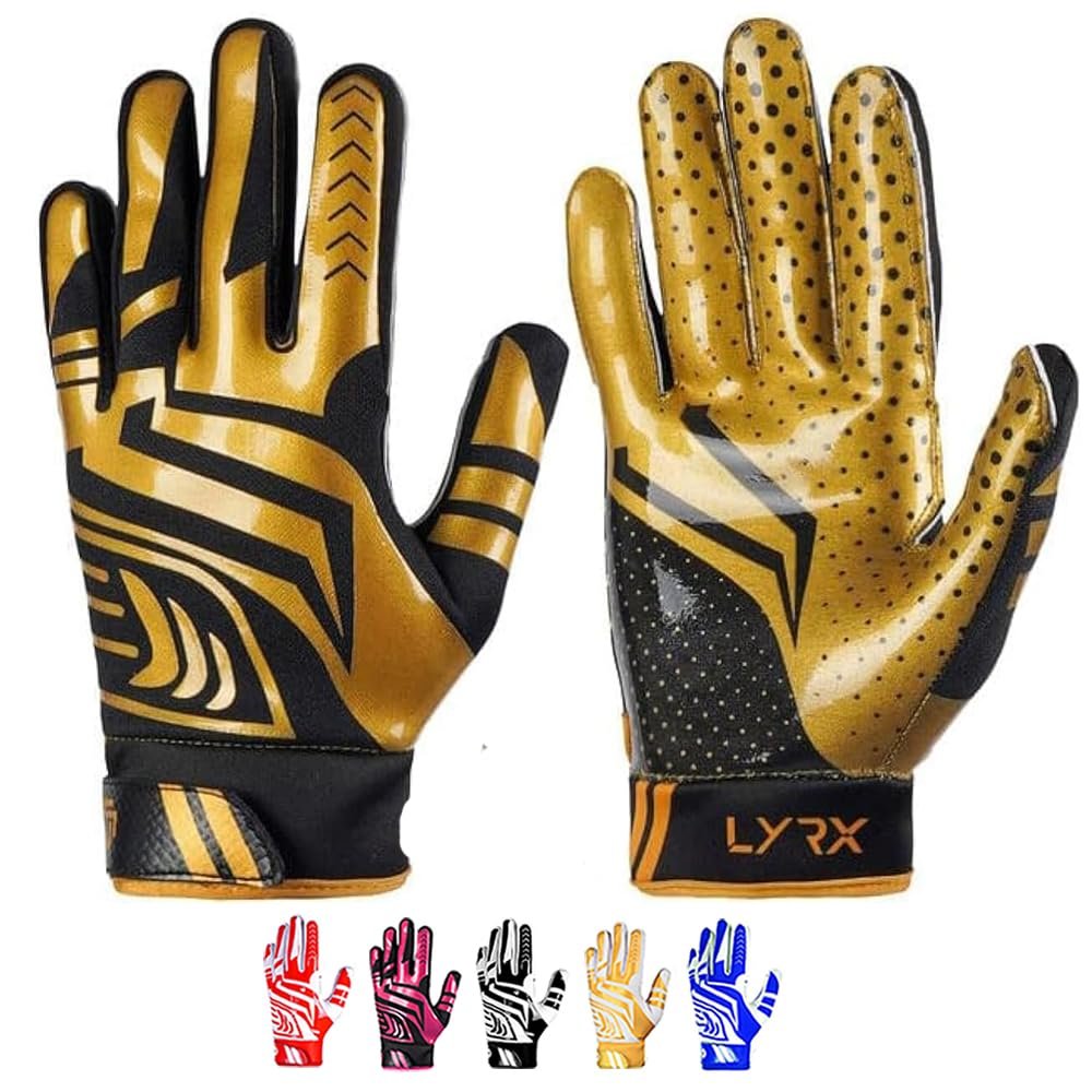 LYRX Professional Football Receiver Gloves with Optimal Silicone Palm Non-Slip Grip Control Ultra-Stick Sports Lightweight Glove and Precision Fit (Black-Gold Shine, Youth X-Small)
