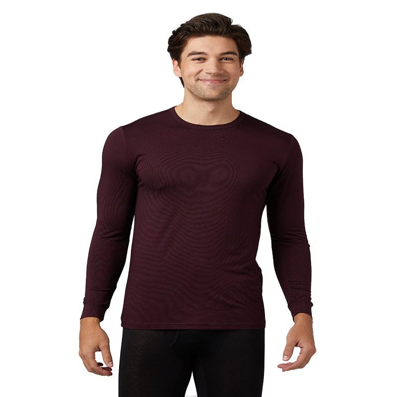 32 Degrees Men's Lightweight Baselayer Crew Top | Form Fitting | Long Sleeve| 4-Way Stretch | Thermal, Burgundy, Large