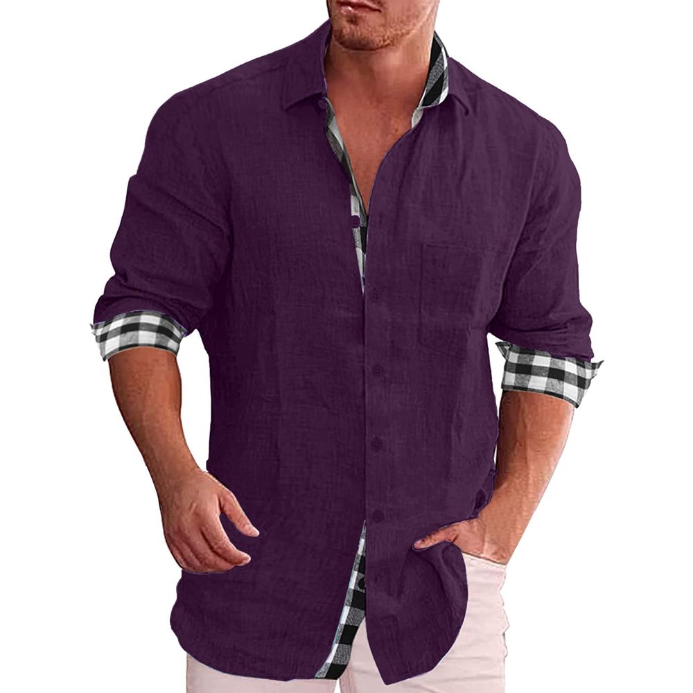 ZYXTIM Men's Cotton Linen Long Sleeve Shirt Cuban Guayabera Beach Shirts Classic Chambray Shirt Relax Fit Oxford Dress Shirts