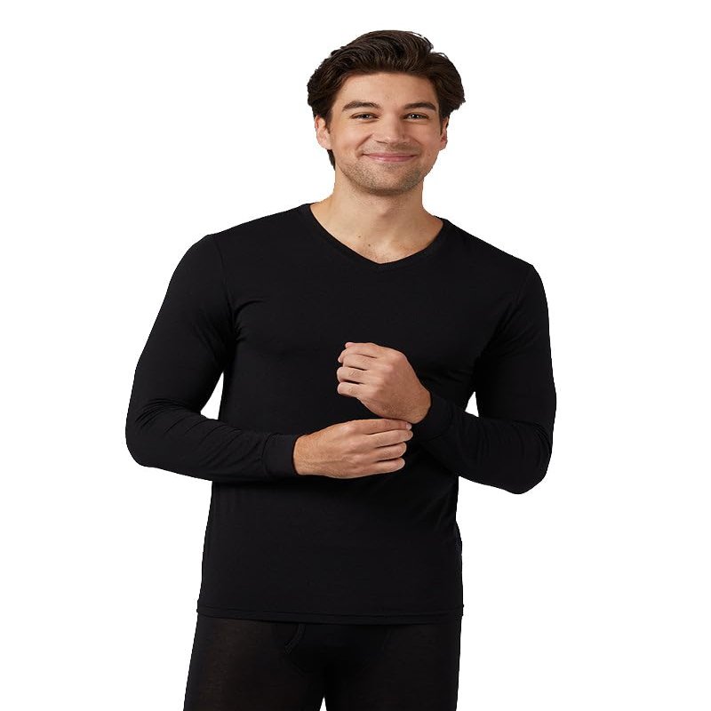 32 Degrees Men's Lightweight Baselayer V-Neck Top | Form Fitting | Long Sleeve | 4-Way Stretch | Thermal, Black, X-Large