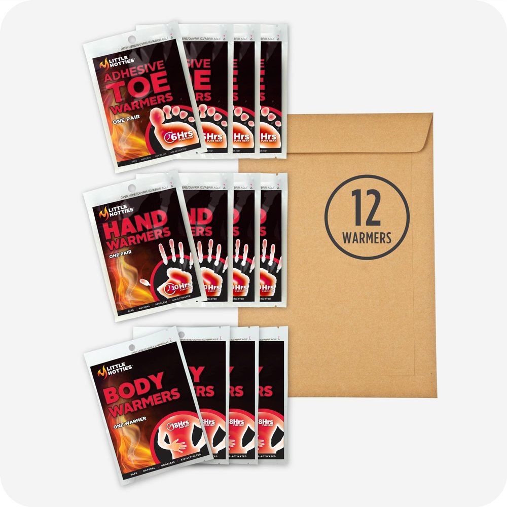 Little Hotties Adhesive Warmers Multi Pack - 12 Packs (4 pairs of Hand Warmers, 4 pairs of Adhesive Toe Warmers, 4 individual Body Warmers) for All-Day Cold Weather Comfort
