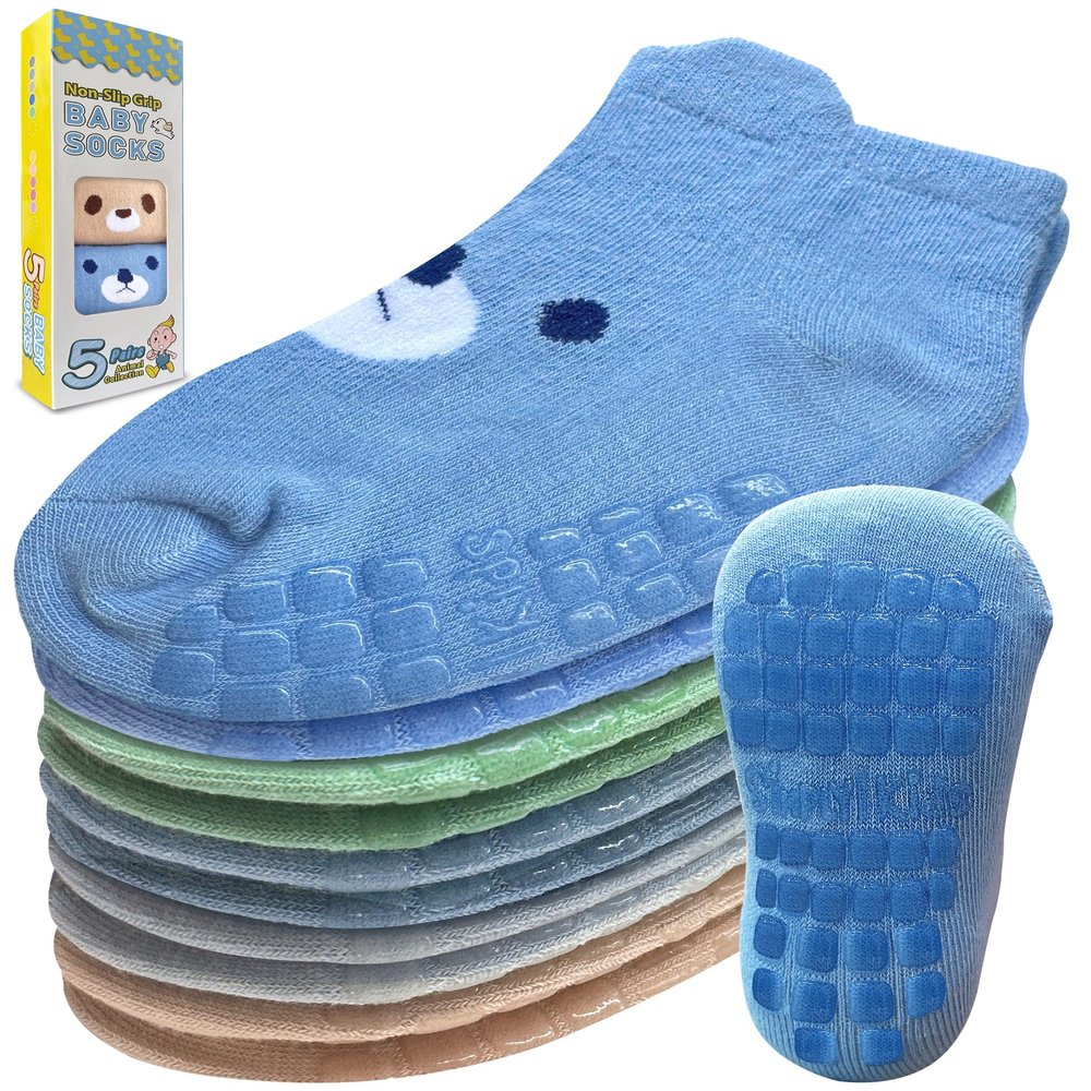 (5 Pairs) Toddler Socks with Grippers - Non Slip Baby Socks 6-12 12-24 Months 2t-3t 4t-5t Anti Slip Ankle Grip Cotton Boy Girl Infant Kid Child 3 Year Old White Grippy Calcetines Antideslizantes Bebe