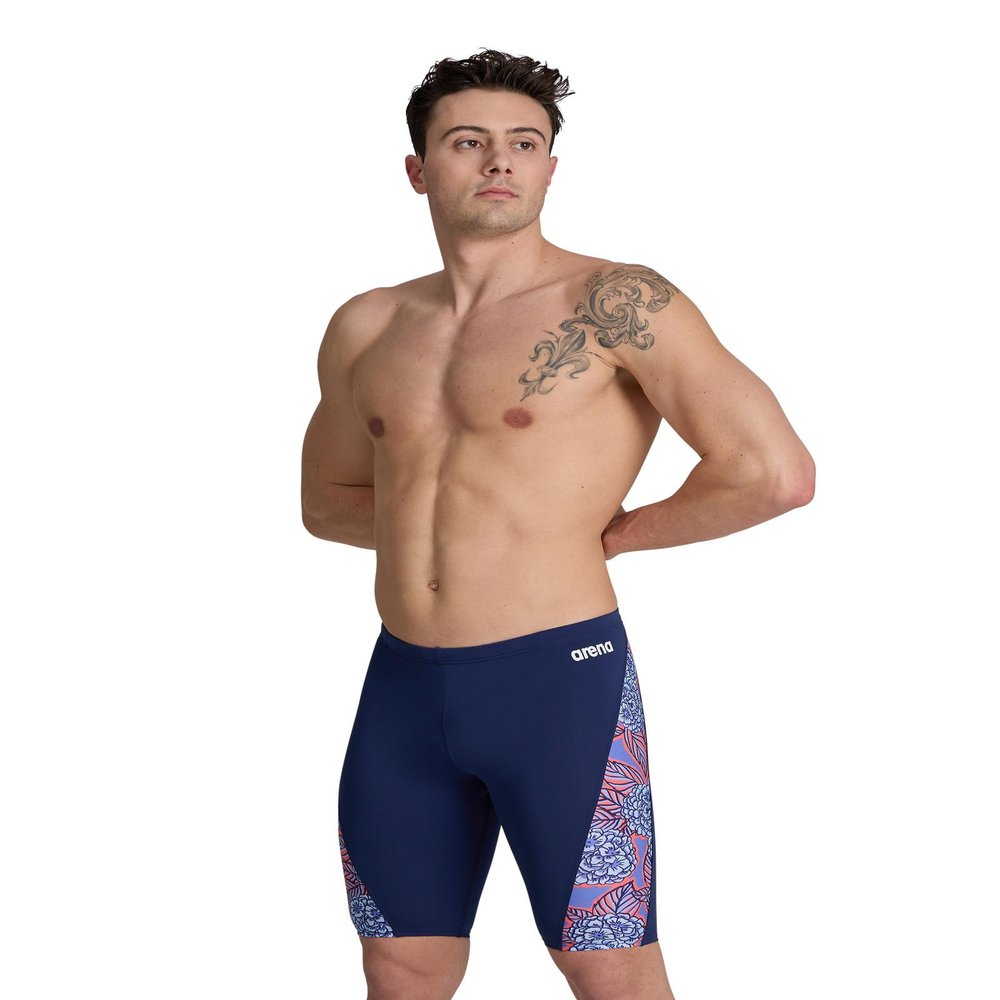 ARENA Men's Swim Jammer Hydrangea Bouquet Team Print MaxLife Athletic Swimwear Training Swimsuit Sports Bathing Suit, Navy/Team Red White Blue, US Size 20